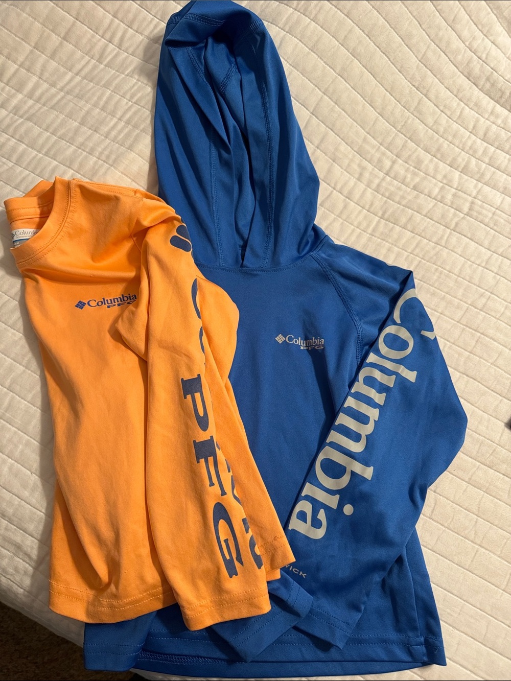 Columbia Kids Orange Long Sleeve Tee & Blue Hooded Performance Top